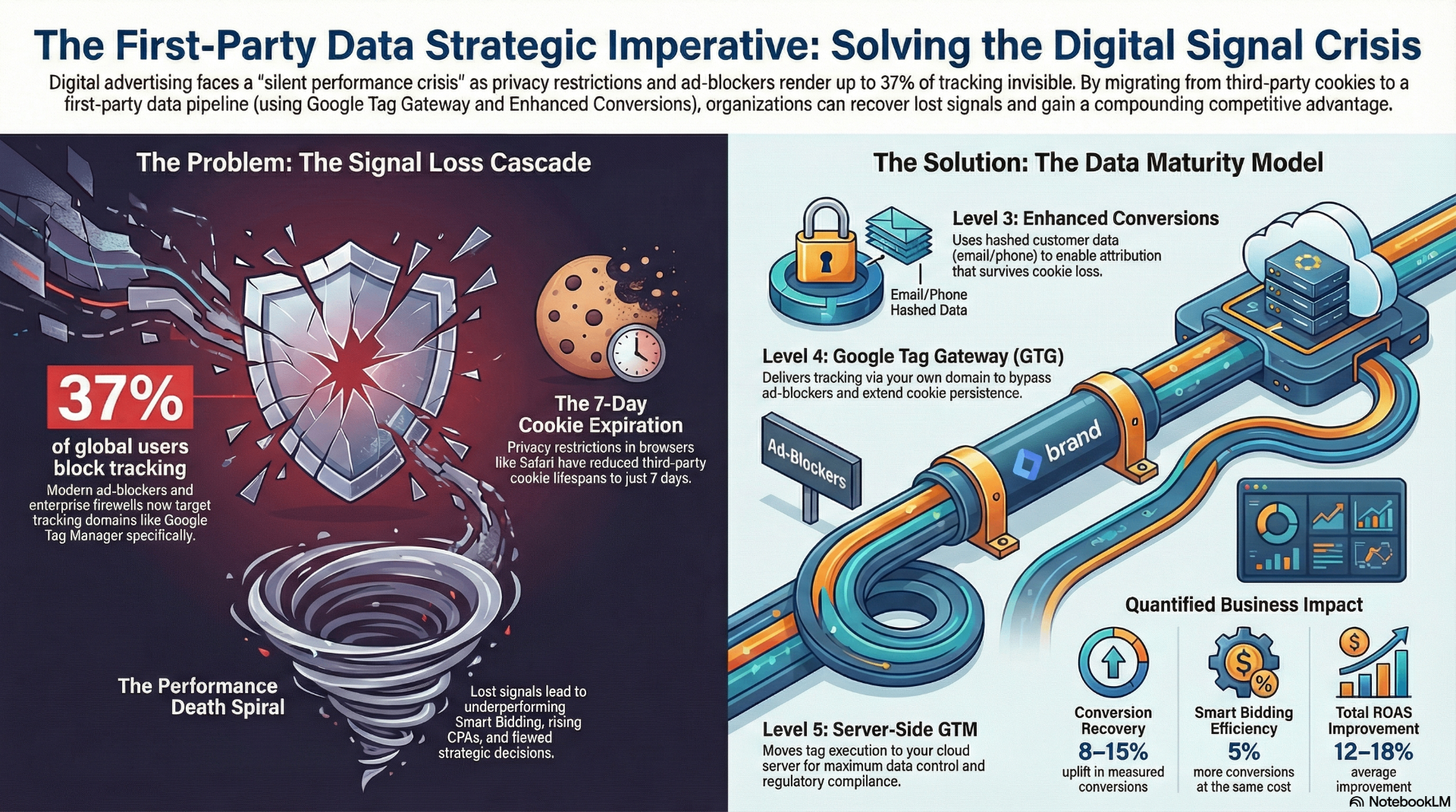 First-Party Data Strategic Imperative infographic showing the signal loss cascade problem and data maturity model solution with quantified business impact